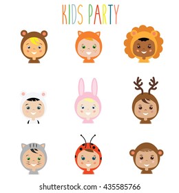 Kids party outfit. Cute smiling happy children in animal carnival costumes, vector illustration. Isolated boys and girls portraits in animal clothes. Stickers, design elements