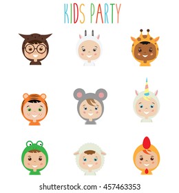 Kids party outfit. Cute smiling happy children in animal carnival costumes, vector illustration. Isolated boys and girls portraits in animal clothes. Stickers, design elements