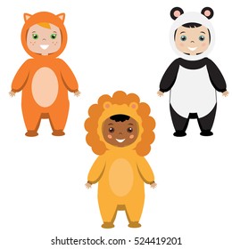 Kids party outfit. Cute smiling happy children in animal carnival costumes, vector illustration. Isolated children in fox, panda bear and lion clothes