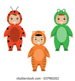 Kids party outfit. Cute smiling happy children in animal carnival costumes, vector illustration. Isolated children in ladybug, tiger and frog clothes