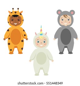 Kids party outfit. Cute smiling happy children in animal carnival costumes, vector illustration. Isolated children in giraffe, mose, unicorn clothes