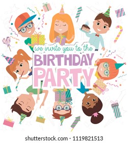 Kids party poster with fun cartoon characters. Invitation or greeting card for party. Editable vector illustration
