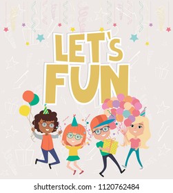 Kids party poster with fun cartoon characters. Invitation or greeting card for party. Editable vector illustration