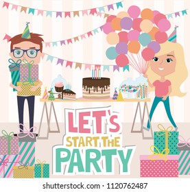 Kids party poster with fun cartoon characters. Invitation or greeting card for party. Editable vector illustration