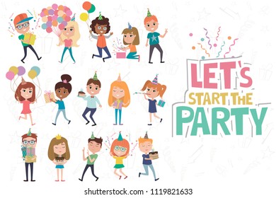 Kids party poster. Set of fun cartoon kids characters on the party. Editable vector illustration