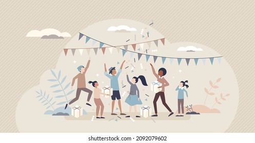 Kids party with presents and festive confetti in birthday tiny person concept. Children playing in playroom with decorations and fun games vector illustration. Joy, laugh and positive event scene.