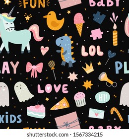 Kids party seamless pattern with cute children elements. Birthday background for boys and girls with toys, lettering, celebration symbols