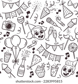 Kids party seamless pattern. Cute isolated doodle elements like balloons, party decoration, desserts and drinks. Perfect for printing gift paper or decorating children's parties.