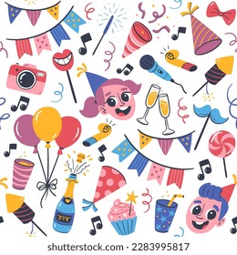 Kids party seamless pattern. Cute isolated design elements like balloons, party decoration, desserts and drinks. Perfect for printing gift paper or decorating children's parties.