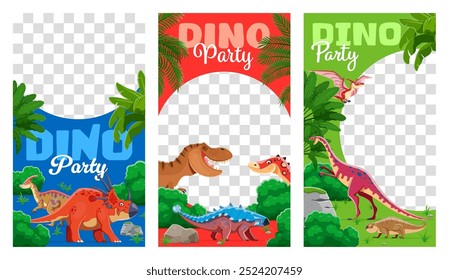 Plantillas de medios sociales de fiesta para niños con divertidos dinosaurios prehistóricos, Vector de dibujos animados. Kids entertainment event o dino party invitation publica Plantillas para redes sociales con personajes de dinosaurios jurásicos