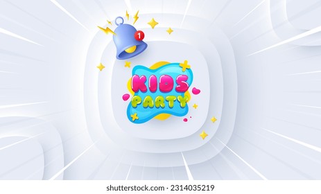 Kids party sticker. Neumorphic offer 3d banner, poster. Fun playing zone banner. Children games party area icon. Kids party promo event background. Sunburst banner, flyer or coupon. Vector