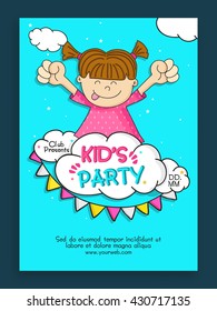 Kids Party Template, Banner, Flyer or Invitation Card design with doodle illustration of a cute little girl on sky blue background.