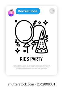 Kids party thin line icon, baloons, confetti, decoration. Modern vector illustration.