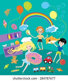 Kids party with toys and food festival vector illustration
