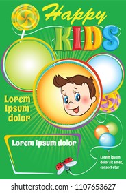 Kids Party vector flyer, birthday invitation template, Kids event info announcement design, cartoon illustrations