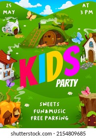 Kids party vector flyer with cartoon village of gnome and elf houses. Children event, kindergarten or school holiday celebration invitation, fairy homes and hut made of tree stump, pumpkin and teapot