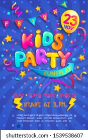 Kids party vertical banner with confetti,serpentine sparkles for greetings,invitations for parties.Place for fun and play, kids game room for birthday party.Poster for children's playroom decor.Vector