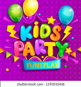 Kids party welcome banner in cartoon style with balloons, flags and boom frame.Place for fun and play, kids game room for birthday party. Poster for children's playroom decoration.Vector illustration.
