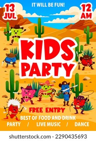 Kids party western flyer, cartoon berry cowboy, sheriff, ranger and bandit characters in desert. Vector wild west personages cherry, honeyberry, grapes and strawberry. Raspberry, blueberry, gooseberry