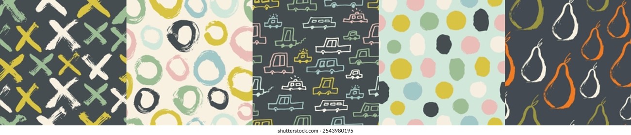 Kids pastel seamless pattern set. Pear, circles and dots, cross  and cars design for paper, cover, fabric, interior decor and other print