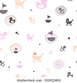 Kids pastel seamless pattern. Ship, baby carriage, dummy and rubber duck children texture.