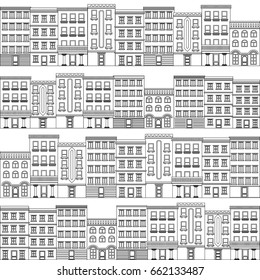 Kids patern seamless tile repeat cartoon houses street panorama with roads, windows, doors, funny minimal flat cityscape outline contour black and white isolated