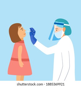 Kids Patient Receiving A Covid19 Coronavirus Testing By Medical Staff, Doctor Or Nurse. DNA Test By Nose Swap Probe At Hospital In Flat Design Vector.	
