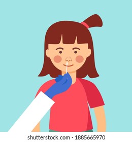 Kids Patient Receiving A Covid19 Coronavirus Testing By Medical Staff, Doctor Or Nurse. DNA Test By Nose Swap Probe At Hospital In Flat Design Vector.