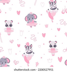 Kids pattern with animals in ballerina dress. cute ballerina. Childish seamless pattern for fabric, paper, wrapping, clothing, textile, wallpaper. Vector illustration