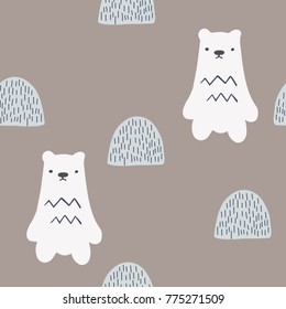 Kids pattern for baby clothes with hand drawn bears. Scandinavian style design. Vector background image for fabric, textile, scrapbook, baby shower, gift wrapping