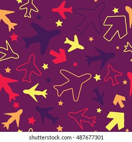 Kids pattern background with color planes, arrows and stars.
Hand drawn children pattern doodle style. 
Babies background for kids wallpaper or kids room.
Kids paper texture. Vector illustration. 