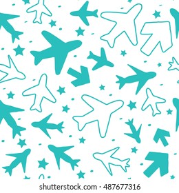 Kids pattern background with color planes, arrows and stars.
Hand drawn children pattern doodle style. 
Babies background for kids wallpaper or kids room.
Kids paper texture. Vector illustration. 