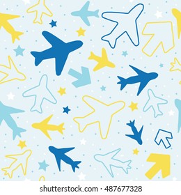 Kids pattern background with color planes, arrows and stars.
Hand drawn children pattern doodle style. 
Babies background for kids wallpaper or kids room.
Kids paper texture. Vector illustration
