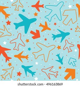 Kids pattern background with color planes, arrows and stars.
Hand drawn children pattern doodle style. 
Babies background for kids wallpaper or kids room.
Kids paper texture. Vector illustration. 