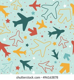 Kids pattern background with color planes, arrows and stars.
Hand drawn children pattern doodle style. 
Babies background for kids wallpaper or kids room.
Kids paper texture. Vector illustration. 