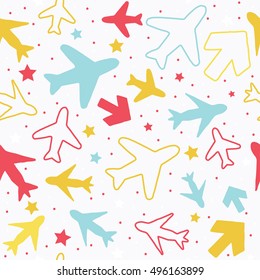 Kids pattern background with color planes, arrows and stars.
Hand drawn children pattern doodle style. 
Babies background for kids wallpaper or kids room.
Kids paper texture. Vector illustration. 