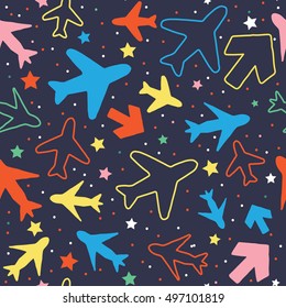 Kids pattern background with color planes, arrows and stars.
Hand drawn children pattern doodle style. 
Babies background for kids wallpaper or kids room.
Kids paper texture. Vector illustration. 