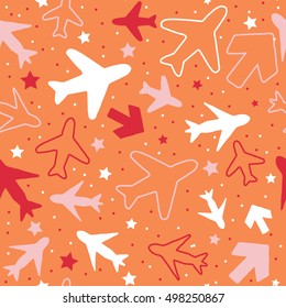 Kids pattern background with color planes, arrows and stars.
Hand drawn children pattern doodle style. 
Babies background for kids wallpaper or kids room.
Kids paper texture. Vector illustration. 