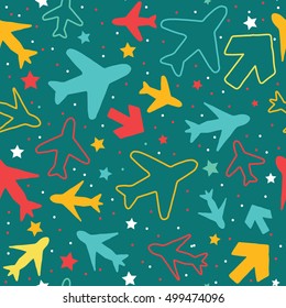 Kids pattern background with color planes, arrows and stars.
Hand drawn children pattern doodle style. 
Babies background for kids wallpaper or kids room.
Kids paper texture. Vector illustration. 