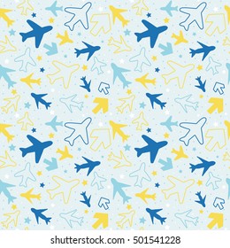 Kids pattern background with color planes, arrows and stars.
Hand drawn children pattern doodle style. 
Babies background for kids wallpaper or kids room.
Boys paper texture. Vector illustration. 