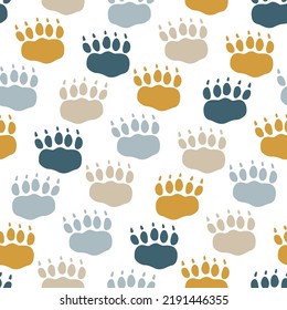 Kids pattern with bear footprints on white background. Forest animals texture for seamless print of children's fabric in Scandinavian style. Funny textile for playing little hunter. Flat illustration.