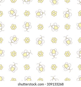 kids pattern with bees and flowers on a white background