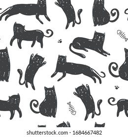 kids pattern with black cat figures in the white backdrop