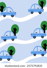 kids pattern with a blue cars and a tree, vehicle  ilusstration 