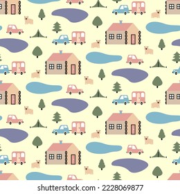 Kids pattern with car, camper, cabin, forest lake, bear on beige background. Turistic childish seamless print for baby clothes fabric, infant textile. cartoon transport. Cute children's nature travel.