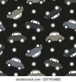 Kids pattern of car for design stain-resistant fabrics. Black seamless ornament with dark gray vehicle for outerwear, jackets, raincoats, bags. Wallpaper for boy's nursery. Flat vector illustration.