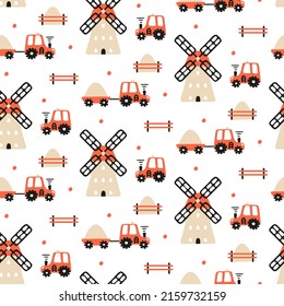 Kids pattern with car tractor, farm mill, trailer, haystack. Hand drawn cute cartoon seamless print for  fabric, infant textile. Wallpaper nursery. Ranch machines. Boy texture on white background.