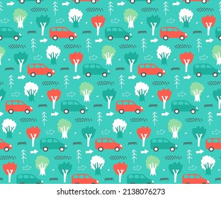 Kids pattern with cars. Hand-drawn red vehicle driving through forest of trees. Seamless print with cartoon minivans on blue-green background for nursery design, cute infant textile, baby boy fabrics.