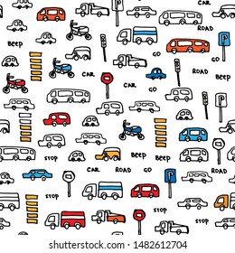 Kids pattern with cars, road signs and words. Vector colorful seamless background in doodle style.