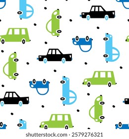 Kids pattern with cars. Transport for boys fabric prints in scandinavian style. Cute cartoon vehicle for baby shower holiday product design. Boyish seamless nursery wallpaper. Repeat white background.